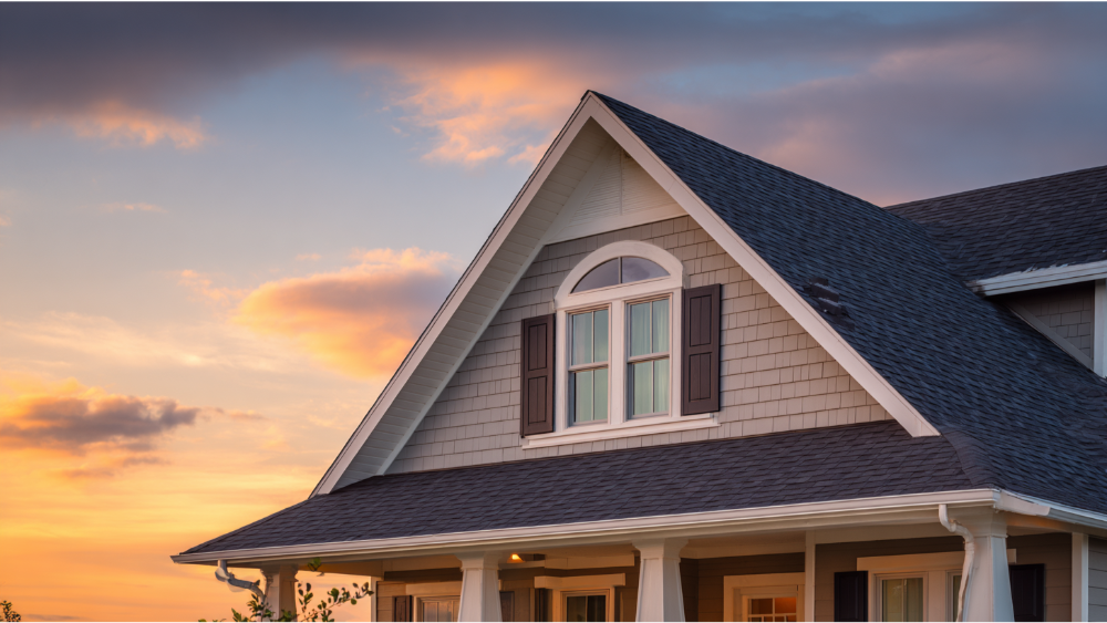 Suburban home with a gable roof, dormer window, and gray shake siding, photographed during a golden sunset.