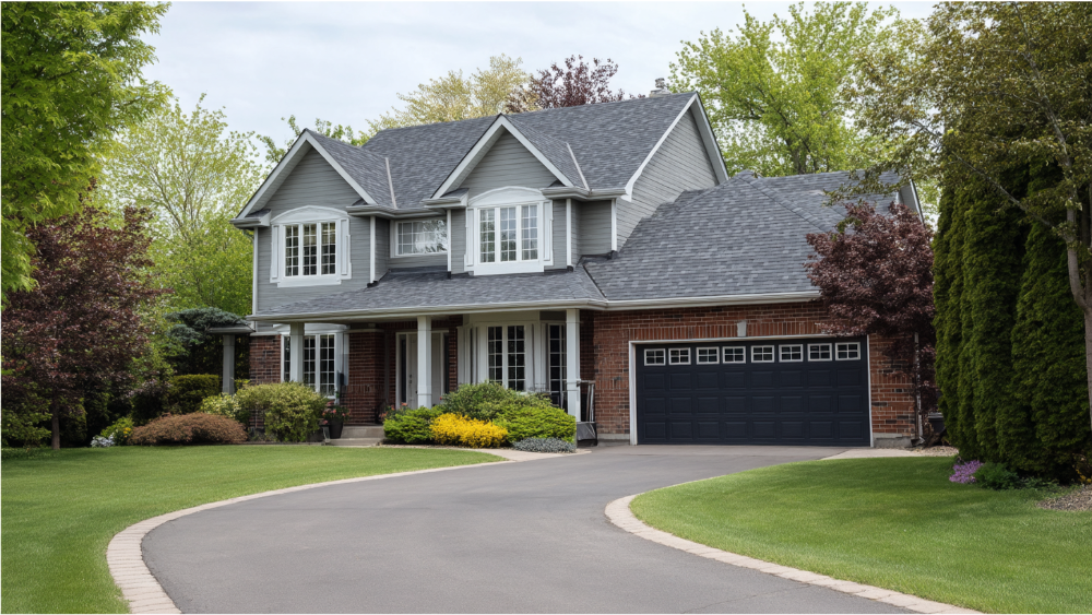 Traditional two-story red brick house with gray asphalt shingles, black garage door, and neatly landscaped front yard.