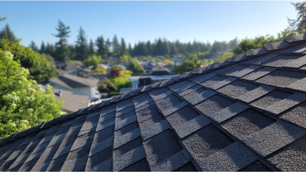 Freshly cleaned asphalt shingle roof with no moss or debris, clear texture visible under bright sunlight.
