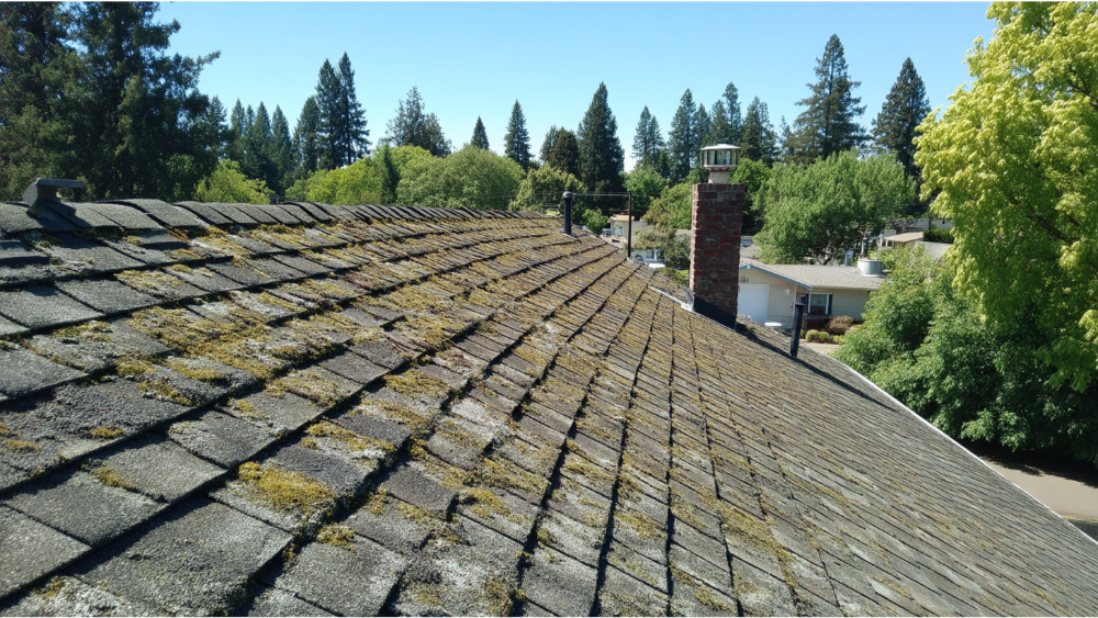 Roof with heavy moss growth across the shingles, taken on a clear day with trees and chimneys in the background.