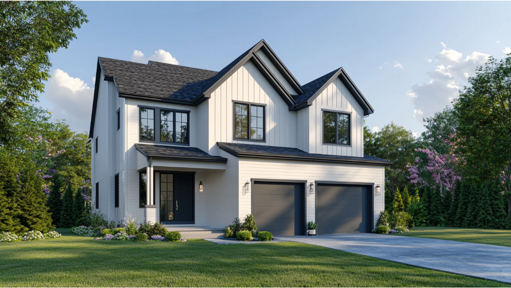 Modern two-story home with light-colored siding, black trim, and a dark asphalt shingle roof, set against a clear sky.