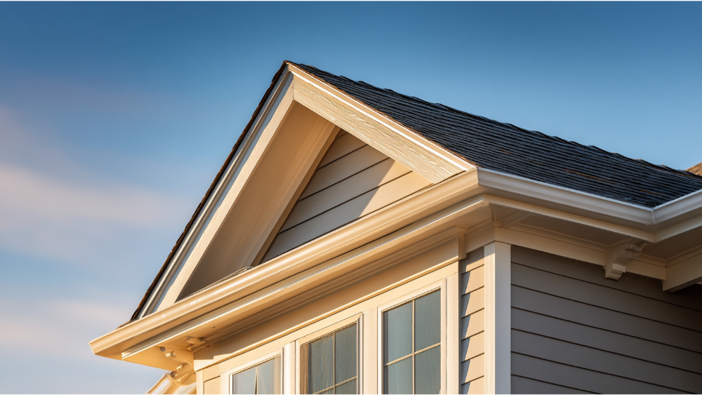 Side view of a modern home with asphalt shingles, white vertical siding, and a clean gable roofline under clear skies.