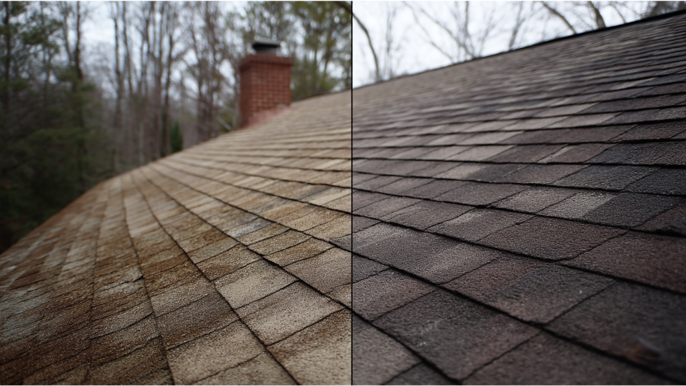 Before and after comparison of an asphalt shingle roof, showing one side dirty and faded, the other side clean and restored.