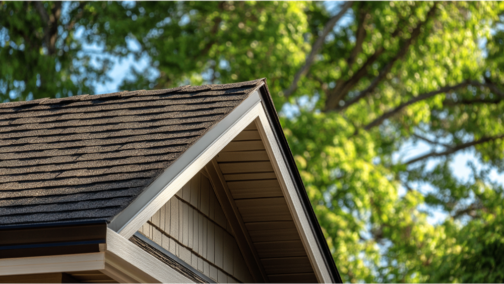 Close-up of a gable roof with dark asphalt shingles, clean trim, and light beige siding, trees in the background.