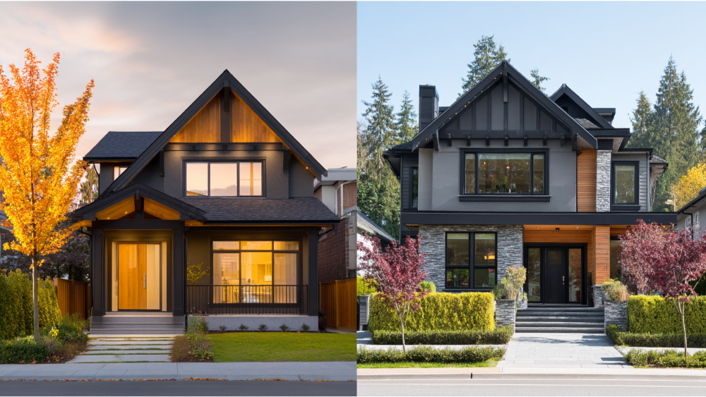 Side-by-side comparison of two gable-roof homes, each with modern architecture, clean trim, and dark exterior finishes.