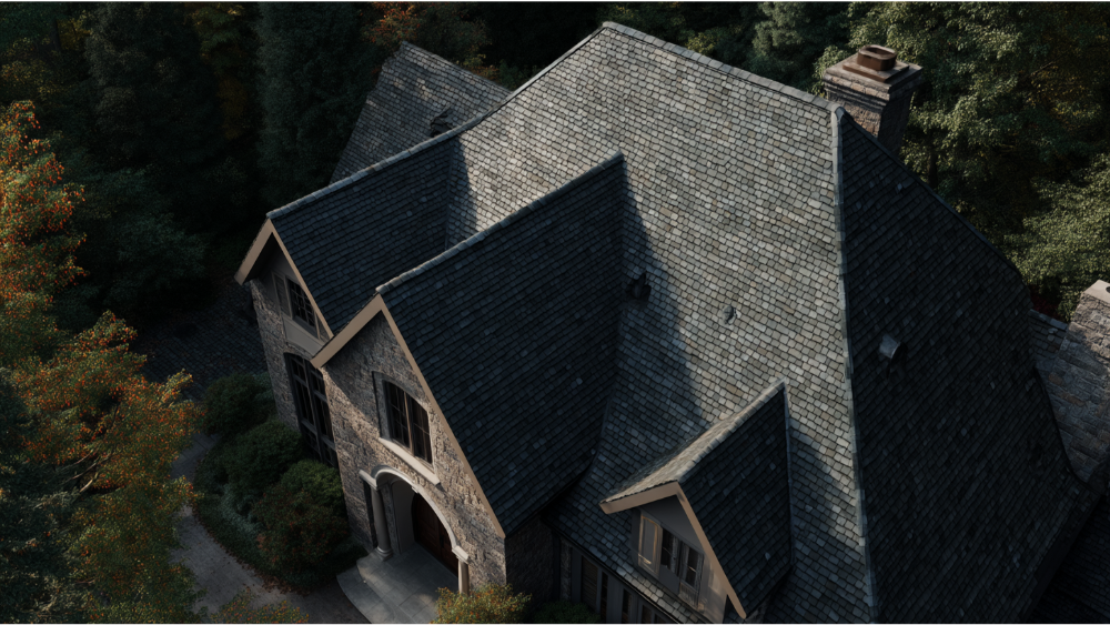 Large stone home with a complex gable roof covered in dark gray asphalt shingles, surrounded by dense trees.