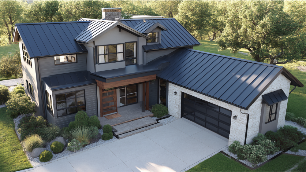 Contemporary two-story house with a sleek black standing seam metal roof, mixed siding textures, and clean landscaping.