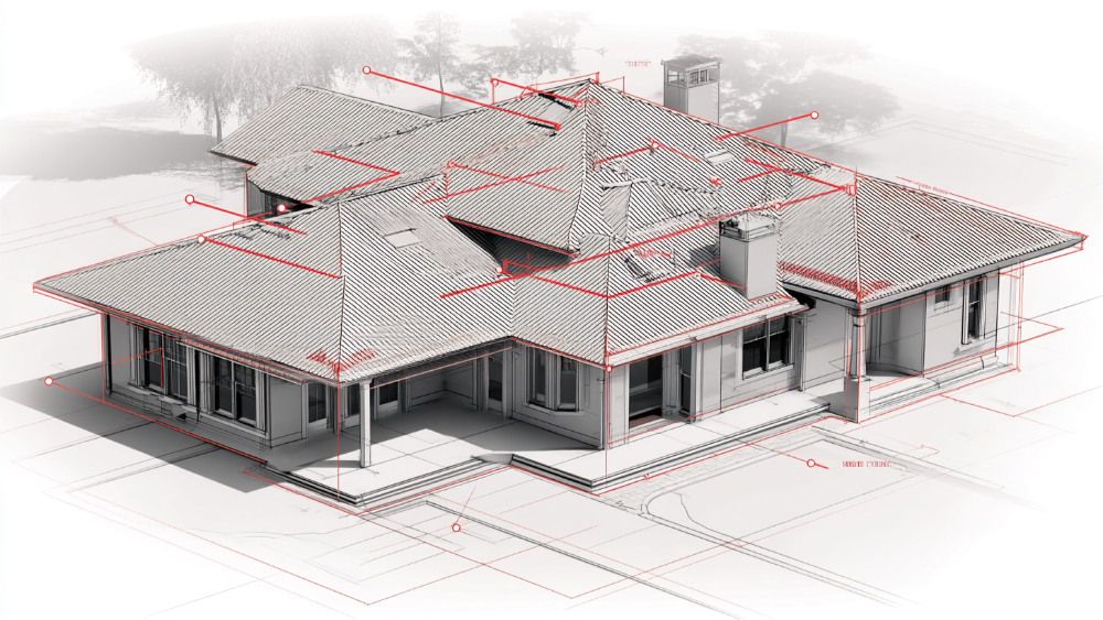 3D architectural diagram of a hip roof design showing labeled components and structural layout from multiple angles