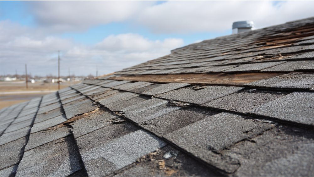 Close-up of an asphalt shingle roof with signs of wind damage and exposed underlayment on a cloudy day.