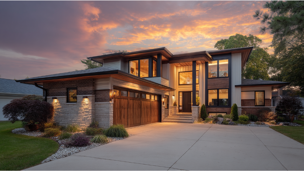 Contemporary home with a flat and low-slope roof design, wood and stone facade, and modern landscaping at dusk