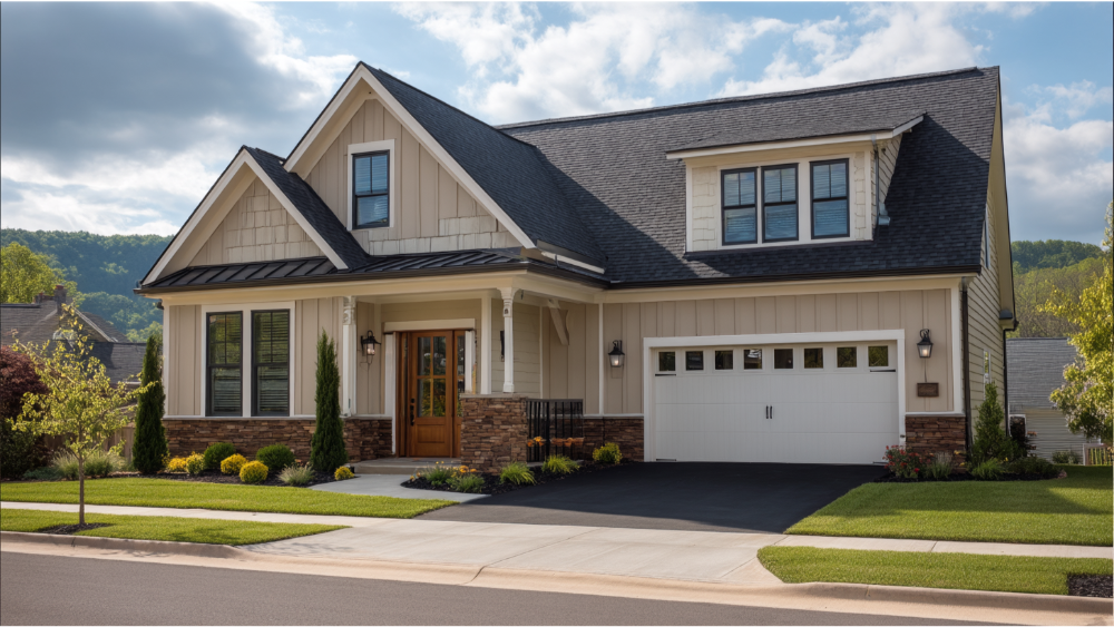 Modern Craftsman-style home with gabled rooflines, asphalt shingles, and a neatly landscaped front yard