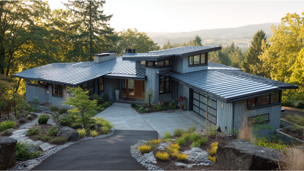 Modern single-story home with sleek gray metal roofing and a multi-slope roofline nestled in a forested landscape