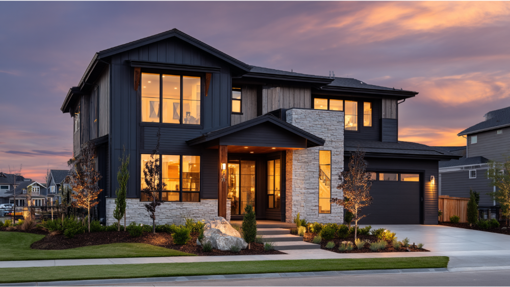 Modern two-story house with dark siding, large windows, and mixed stone accents illuminated at sunset