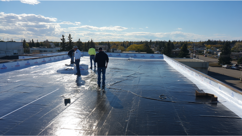 Contractors installing a new black waterproof membrane on a flat commercial roof under a clear sky.