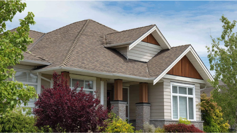 Side view of a residential home with a multi-gable shingle roof and light siding, surrounded by colorful trees and shrubs