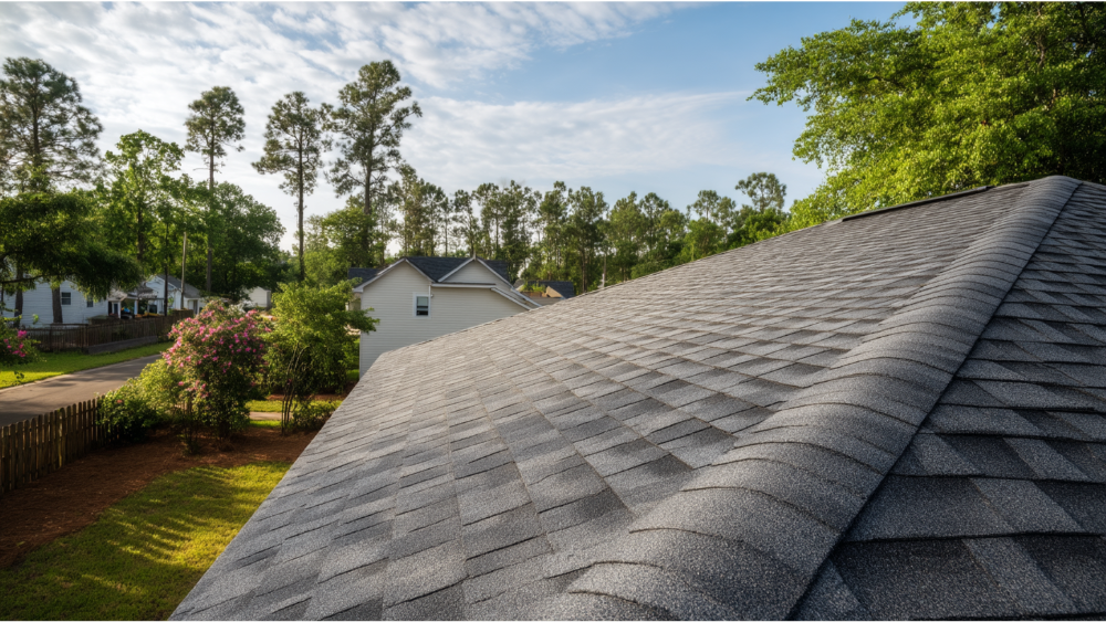 Side view of a gabled roof with gray asphalt shingles on a residential home, surrounded by trees and a quiet neighborhood