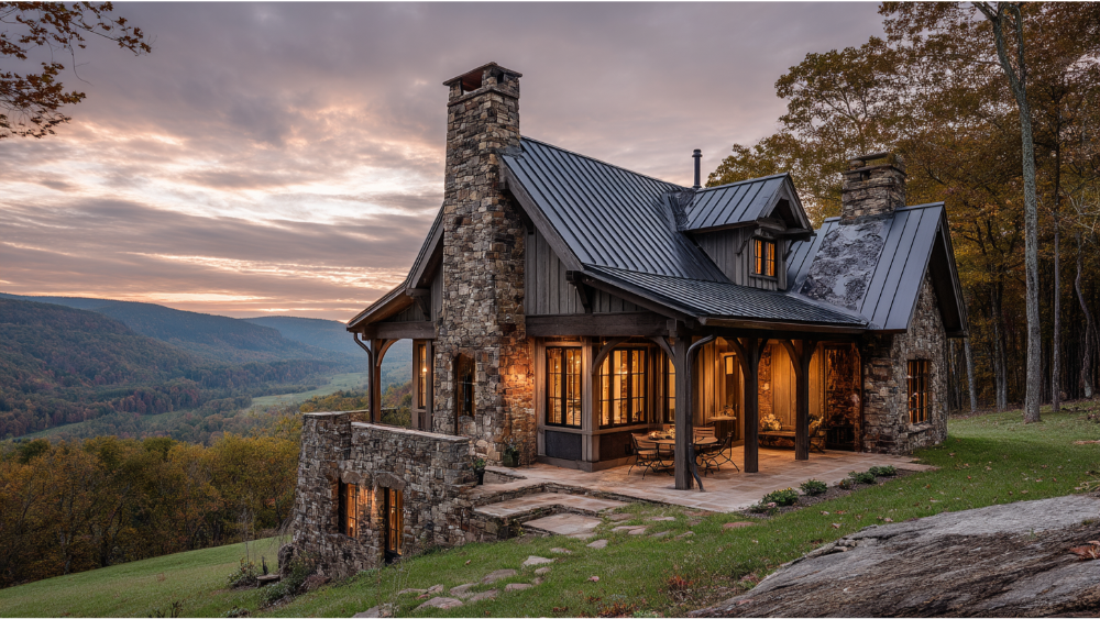 Charming stone cottage with a dark metal roof overlooking a scenic mountain valley at sunset.