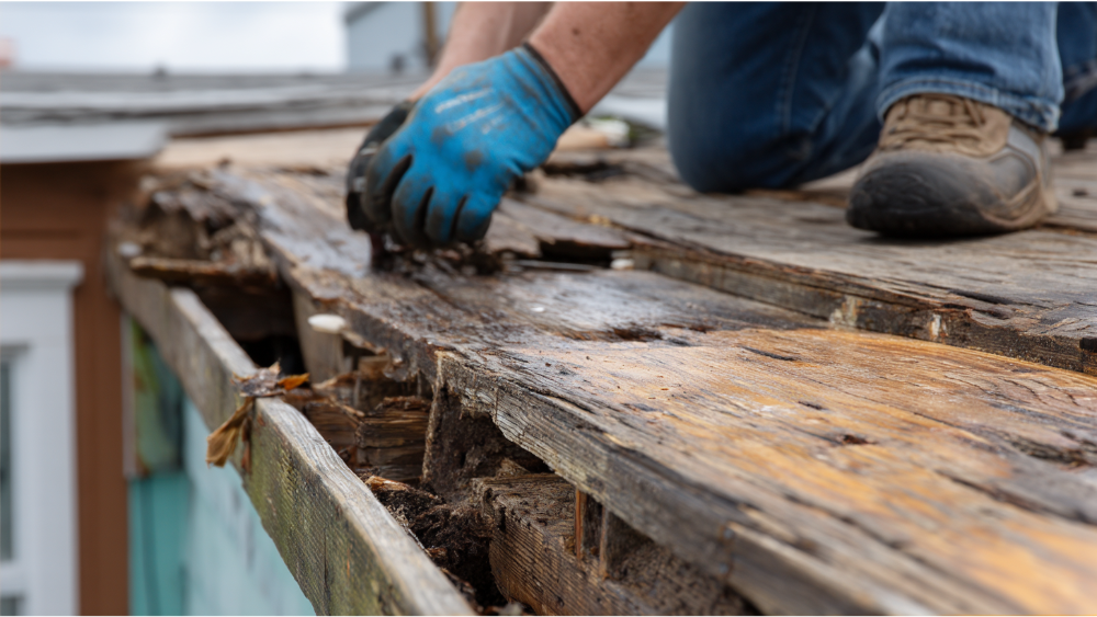 Close-up view of a worker in gloves removing severely rotted wood from a residential roof during a tear-off process.
