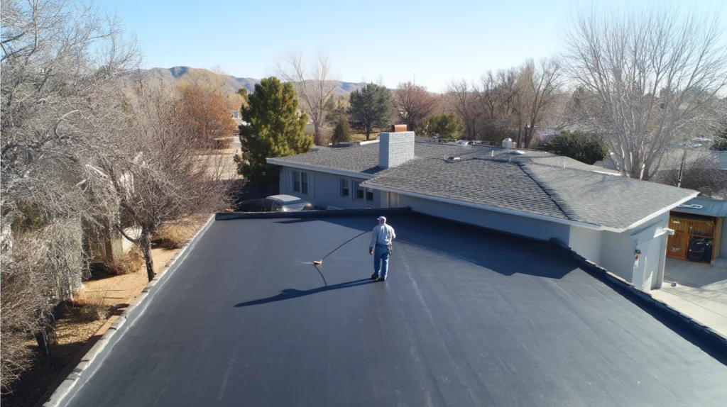 Close-up of asphalt roof surface showing protective treatment application.